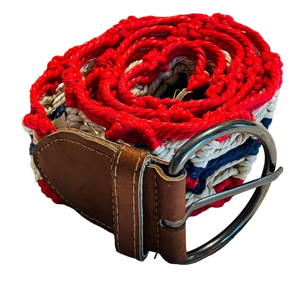 Vintage Woven Belt W/ Faux Leather Accents & D-Ring Buckle - Red White Blue - Si - Picture 10 of 12